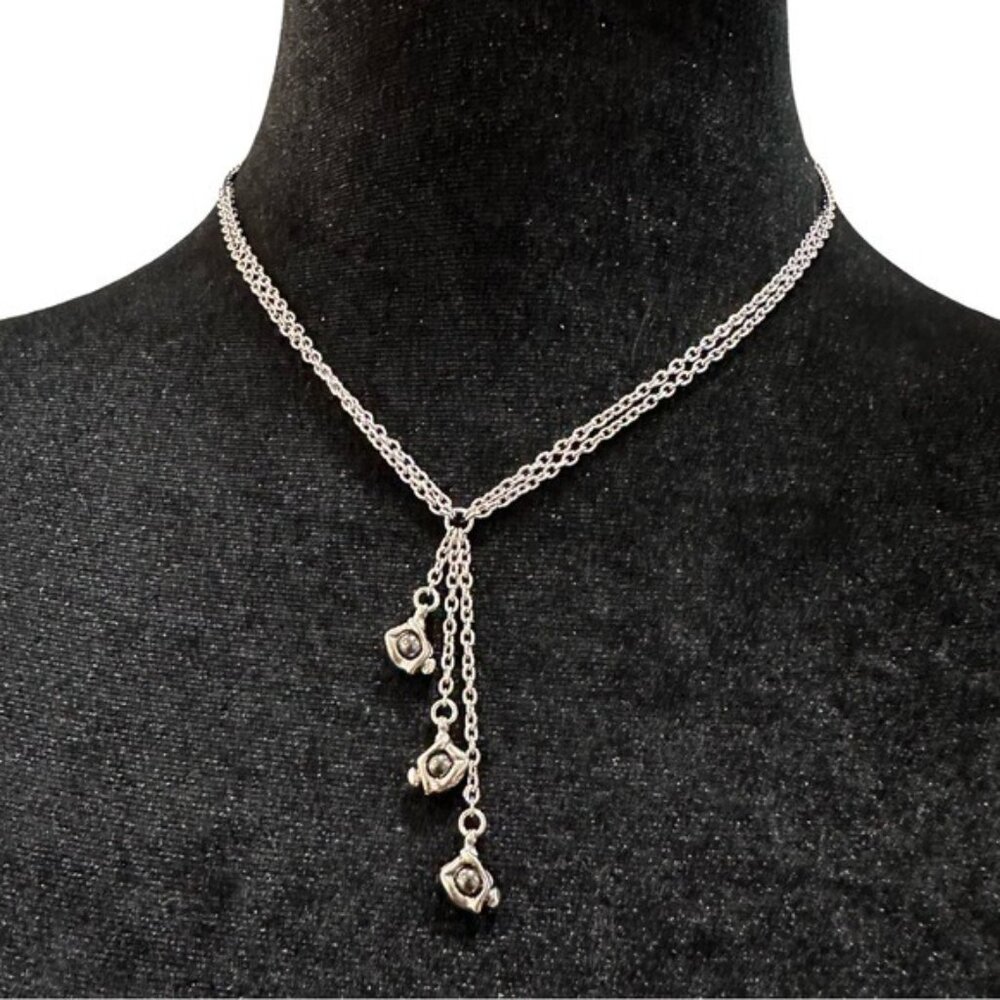 Silver Double Chain Necklace With Dangling Bead Accents